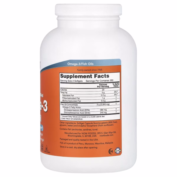NOW Foods, Omega-3 Fish Oil, 2,000 mg, 500 Softgels (1,000 mg per Softgel) - Image 3